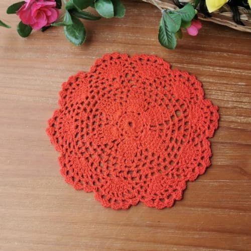 Blausky 4 Stück Runde Bestickte Tischmatte,Häkeldeckchen,Spitzendeckchen Tischset Kleine Häkeln Tischläufer Baumwolle Untersetzer,Tischdecken für Tassen Schalen Teller Vasen Antike,20 cm,Rot