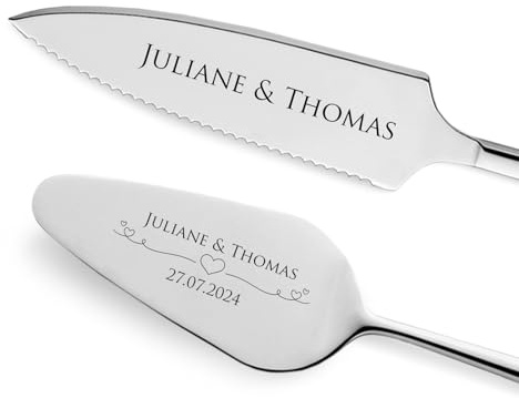 GRAVURZEILE Tårtlyftare inkl. tårtkniv med personlig gravyr – hjärtan – present till bröllop – högkvalitativt rostfritt stål – diskmaskinssäker – bröllopspresenter för nygipar – silver