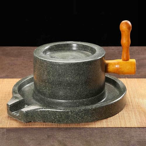 Vibeo Stone Grain Mill Home Grain Mill with Ergonomic Handle, Natural Bluestone Handmade Stone Mill, Soybeans Wheat Corn Dry/Wet Grinding, Small Vintage Ornament(Without Wooden Shelf)