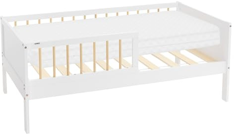 ML-Design barnsäng 70x140 cm vit-naturell med madrass, enkelsäng för barn med resårbotten & fallskydd, ungdomssäng av furu, sängram av trä för pojkar/flickor, barnsäng av massivt trä
