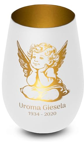 Elegantes personalisiertes Windlicht aus Glas in Weiß-Gold Engel Gedenklicht für Verstorbene mit Gravur, Geschenk für Trauernde - Trauerlicht personalisiert mit Namen