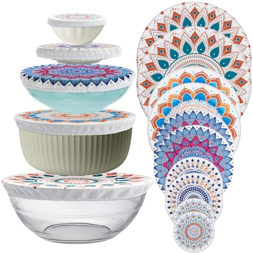 Wusboo Couvercles de Bol Réutilisables Élastique, Lot de 10 Pièces de Couvercles en Tissu Imperméable avec Design de Fruits pour Bols à Salade en Verre et Pots, Couvercles Extensibles