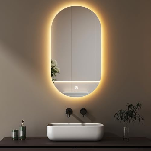 Boromal Oval Badspiegel mit Beleuchtung LED Spiegel oval mit Licht Horizontal or Vertikal Ovaler Badezimmerspiegel mit Touch-Schalter, Dimmbar, 3 Lichtfarbe Einstellbare, 50 x 90cm