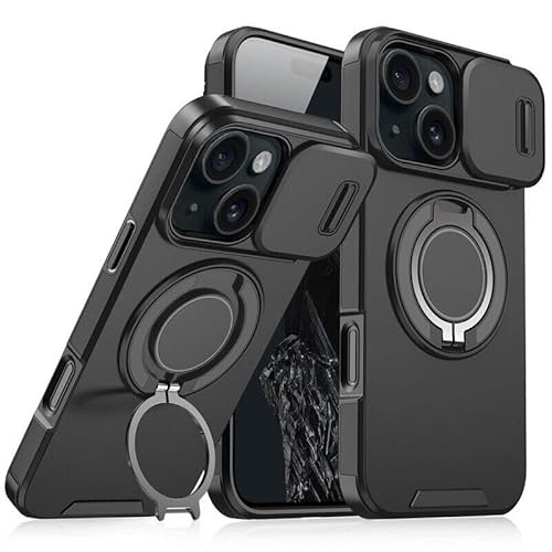 Mixroom - Custodia Cover per iPhone 15 Protezione Antiurto Militare con Supporto cellulare a stand Cavalletto ad Anello Magnetico Copertura Fotocamera Slide Scorrevole C07 Nero