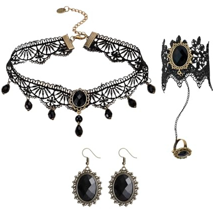 ZWWOGE Gothic Schmuckset für Damen, 4-teiliges Halsketten-Set mit Ohrringen und Armband, für damen Spitzenarmband Choker und Finger Kette Modisches Accessoire für Partys und Abende Vampir Halskette