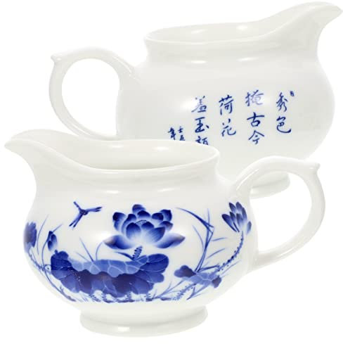 KICHOUSE Blue and White Porcelain Gravy Sauce Boats 2pcs Ceramic Milk and Condiment Dispensers Handle for Kitchen Serving and Dining