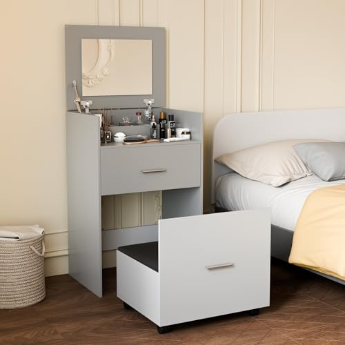 CUOZOVA 3 in 1 Schminktisch mit Spiegel und Stuhl, Vanity Table mit Aufbewahrungsstuhl, Schminktisch Klein mit Schubladen, Frisertisch mit Räder, Dressing Table, 50 x 40 x 90 cm, Grau