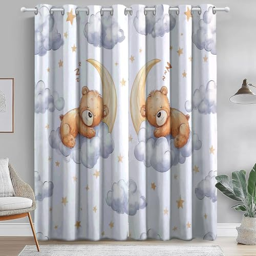 Tende Camera da Letto con Occhielli 117 L x 229 A cm (2 Pannelli), Cartone Animato Orsacchiotto Nuvole Luna Tema Poliestere Tende Oscuranti & Scorrevoli per Salotto Camera dei Bambini Decorare, Bianco