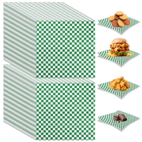 APACALI 500PCS Greaseproof Paper Sheets 30 x 30cm, 11.8 x 11.8 Wax Paper for Food, Burger Papers Sheets, Sandwich Wrapping Papers for Burgers, Fries, Cake Baking, Green & White