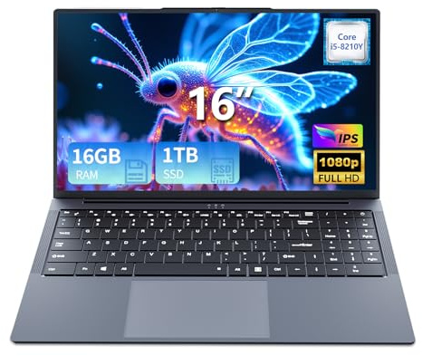 16'' Portatile PC, Core i5 8210Y processore fino 3,6GHz, 16GB RAM SSD 1 TB WIN11 Notebook, Schermo IPS 1920*1200, PC Portatili porte RJ45 USB 3.0 HDMI BT5.0 Tastierino Numerico Retroilluminato