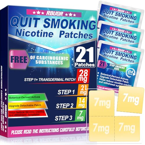 RBUGR Nicotine Patches Step 1+, 21mg Upgraded to 28mg (4 * 7mg), Quit Smoking Patches, Stop Smoking Aids That Work Within 2 Weeks, 24-Hour Nicotine Patch for Transdermal Delivery (21 Patches)