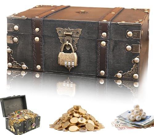 Vintage Holz Schatztruhe mit Schloss, 24 × 17 × 9,5 cm Aufbewahrungsbox mit Deckel für Schmuck, Kinder, Geschenke und Kindergeburtstag