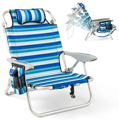 GOPLUS Silla Playa Plegable, Silla de Camping Ligera con Respaldo Ajustable en 5 Posiciones, Barra para Toallas, Portavasos, Almohada, Correas, Tumbona Exterior Reclinable, Carga 150 kg (Verde,1)