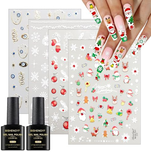 BISHENGYF Kit de Calcomanías para Uñas Navideñas 5D 【4 Láminas】 con Esmalte Rojo y Verde Mate | Diseños de Reno, Copo de Nieve, Muñeco de Nieve | Pegatinas para Uñas Autoadhesivas para DIY