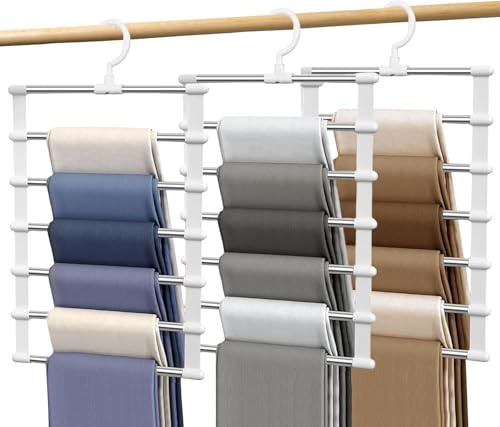 Perchas para pantalones de ahorro de espacio 6 en 1, paquete de 2 perchas de metal multicapa para pantalones para mujer, organizador de armario giratorio de 360 ° para faldas, vaqueros, ropa, corbatas