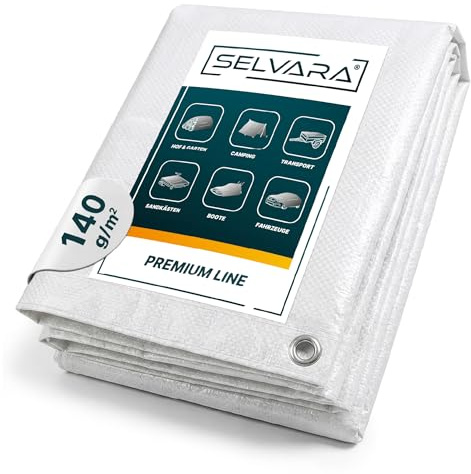 Selvara Lonas Impermeables Exterior 140g/m²- 5m x 5m, Blanca - Reforzada | Premium Line, Lona Universal con Ojales, Protección contra UV y el Polvo, Impermeable y Duradera, Múltiples Usos