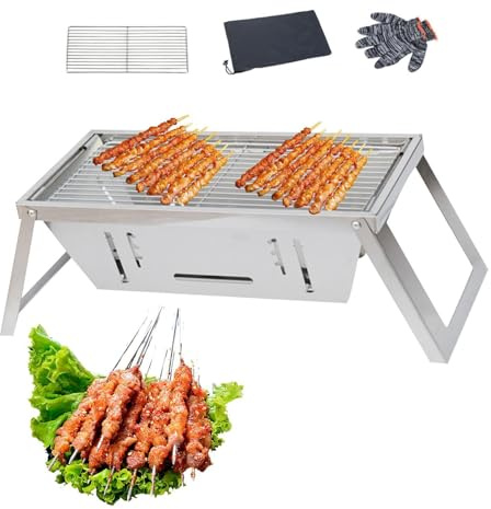 Portable Charcoal Barbecue Grill Folding Camping Stove Stainless Steel Outdoor BBQ Heavy-Duty Hiking Grill Compact Charcoal Cooker for Tailgating and Picnics