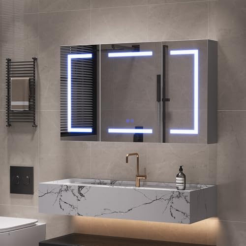 Armario de Tocador con Espejo y Iluminación LED, Armario de Baño con 3 Colores de Luz, Espejo de Baño con Almacenamiento y Mueble de Espejo de 3 Puertas con Estantería 100x14x60cm (Tres Puertas