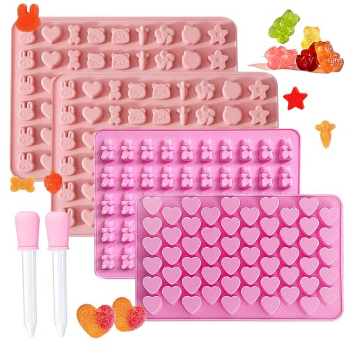 YINZZTRY Gummibärchen Formen, Bonbonform Silikon, Herz Süßigkeiten Formen, Gummibärchen Selber Machen Set, mit Tropfern, für Süßigkeiten, Schokolade, Gelee, 4 Stück