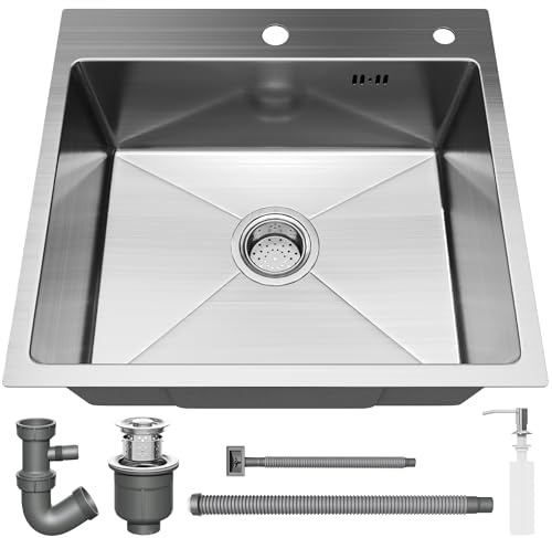 STANEW Fregadero Cocina 1 Seno 40 x 45 cm, Sobre Encimera, Fregadero de Acero Inoxidable, Dispensador de Jabón y Kit de Drenaje, Para Cocina Compacta y Autocaravana | Con filtro de drenaje, agujeros para grifos, antiolor, antiarrugas, anticorrosión, insonorizante, gran capacidad