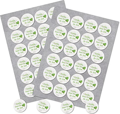 Logbuch-Verlag 48 Schön dass du da bist Aufkleber weiß grün Gastgeschenke alle Feste rund 4 cm gepunktet Herz