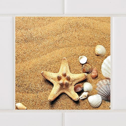 GRAZDesign Fliesenaufkleber Bad Muscheln braun maritim, Klebefolie Klebefliesen, Badfliesen und Küchenfliesen überkleben, Fliesenbild selbstklebend Fliesen - Set 10 Stück