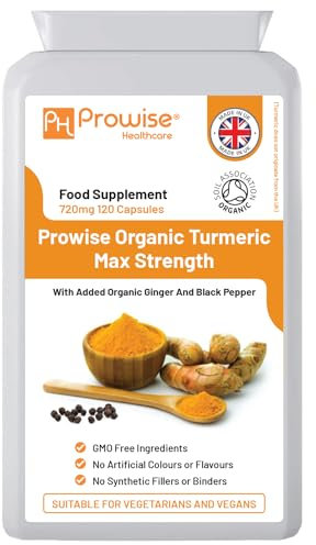 Organic Turmeric Curcumin 720mg - 120 Capsules | Organic Turmeric and Black Pepper Capsules High Strength | Vegan & Vegetarian Turmeric Supplements | Certified Organic by Soil Association by Prowise