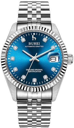 BUREI Herrklocka automatisk mekanisk armbandsur Apphire glas rostfritt stål klocka för män med automatiskt datum, Blått silver, Lyxig automatisk mekanisk