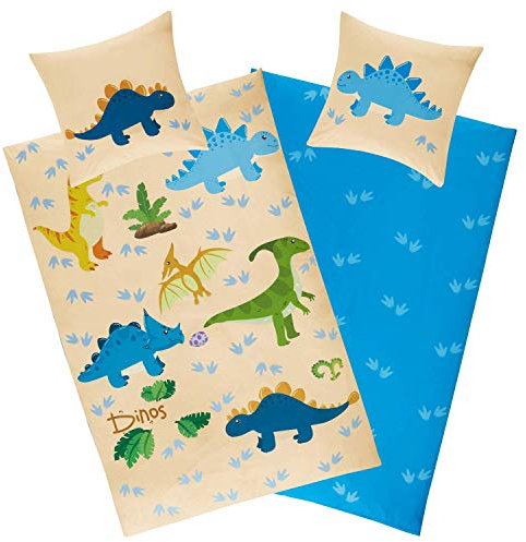 Aminata kids Bettwäsche Dinosaurier 135x200 Baumwolle Kinder Dino-Motiv Jungen mit YKK Reißverschluss, unsere Kinder-Bettwäsche-Set mit Dinosaurier-Motiv ist weich & kuschelig, blau beige