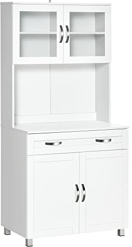 HOMCOM Mueble Aparador Auxiliar de Cocina Alacena 80x48x170 cm Blanco | Buffet Armario de Comedor, Estantes Interiores Ajustables, Cajón