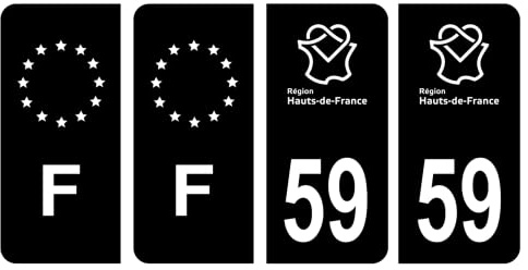 HADEXIA Nummernschild-Aufkleber, französisches Departement 59, Nord Region, hohe Frace, Schwarz und F, Frankreich, 4 Stück