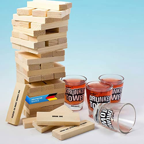 GOODS+GADGETS® Jenga Trinkspiel – 60 Holzklötze & Shot-Gläser | Stapelturm Saufspiel mit Aufgaben – Partyspiel für Erwachsene, JGA, Camping & Spieleabend