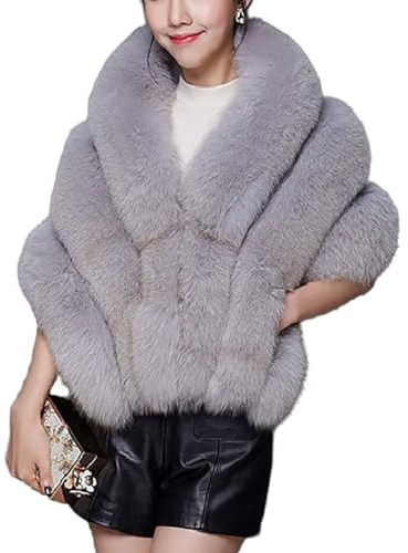BININBOX Women's Faux Fur Shawl Stole Winter Warm Cape Banquet Wedding Evening Ceremony (Grey, One size)