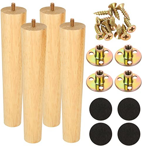 YOUNTHYE 4PCS Wooden Furniture Legs, 25CM Table Legs Wooden Sofa Legs with Non-slip Mat, Screws & Mounting Plate, Modern Wood Furniture Legs Replacement for Couch Ottoman Cabinet TV Stand