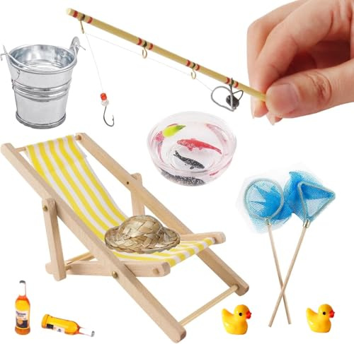 Super Idee Miniatur Angelrute Set 11er Set Angelstuhl Fischernetz Strohhut Fischschale mit Fischer Angeln Cake Topper Tortendekoration Miniatur Wichtel Zubehör Verzierungen für Wichteltüren Nissedor