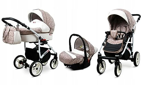 BabyLux® Kinderwagen Set 3 in 1 - White Lux - incl. Babywanne, Buggy Sportsitz, Auto-Babyschale - Autositz - Kinderwagenset - Kombikinderwagen mit Wickeltasche, Regenschutz usw.