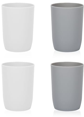 Qulable Plastic Cups Reusable Unbreakable Tumblers, Set of 4 Travel Mugs, Mouthwash Bathroom Cup Stackable, Plastic Water Cup 280ml for Adults Kids, Dishwasher & Microwave Safe (White & Grey)