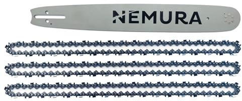Nemura Guide de 38 cm et Lot de 3 Chaînes de tronçonneuse - 64 Maillons Entraîneurs - Pas 325/ LP - Jauge 0.58 (1,5mm) - Pièces Détachées de qualité professionnelle pour Outillage - Marque Française