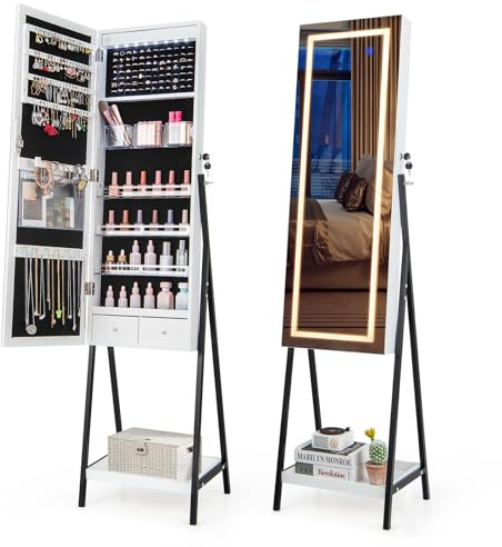 RELAX4LIFE Armoire à Bijoux avec Miroir LED 3 Couleurs, Miroir Bijoux sur Pieds avec Porte Verrouillable, 2 Tiroirs, Étagère Ouverte, Meuble Bijoux pour Chambre Dressing Salon(Blanc)