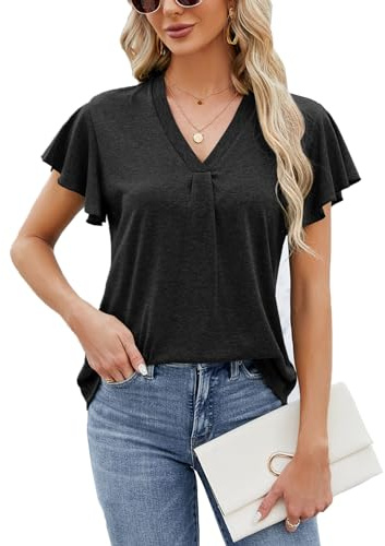 Celadyen T-Shirt Damen Sommer Tunika Tops Rüschen Kurzarm V Ausschnitt Plissiert Bluse T Shirt Casual Einfarbig Tshirt Oberteile, Neu Schwarz L