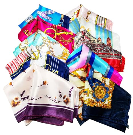 10 bufandas cuadradas de satén con sensación de seda para mujer, pañuelo pequeño para la cabeza, pañuelo, chal, pañuelo para la cabeza, pañuelo para la cabeza (color al azar), Colores surtidos, talla