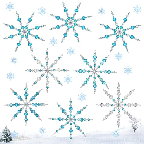LPAMABA 8 Stück Weihnachten Schneeflocken Draht Drahtsterne Rohlinge Perlensterne Bastelset Snowflake Drahtsterne Schneeflocken Ornament Weihnachtsdeko zum Selber Basteln mit 576 Stück Perlen, Blau