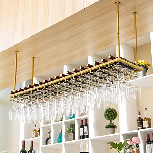 SHENJIA Wine Rack and Glass Holder Wall Mounted Metal Storage Shelf - Ceiling Wine Bottle Holder for Bars Kitchen, Adjustable Height, Golden