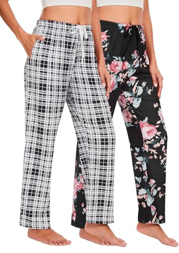 Komfokore Schlafanzughosen für Damen Lange karierte Pyjamahose Dehnbare Lounge Hose Weiche Pyjamahose mit Taschen