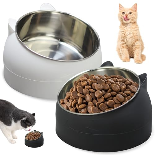 2 x Katzennapf Edelstahl, Futternapf Katze, Fressnäpfe für Katzen Edelstahl, 15° Geneigter Erhöhter Katzen Futternapf, Futterschüssel Katze, Fressnapf für Katze Hunde, Edelstahlnapf 400ML