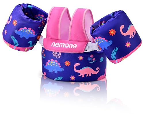 NEMONE Toddler Swim Vest for 22-70 lbs Kids Floaties Swim Jacket with Arm Water Wings for Girls Boys 2 3 4 5 6 13 Years Old Sea Beach Pool (Pink Dinosaur)