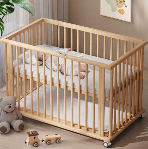 Trimigo 6-in-1 Babybett wandelbar zu Beistellbett, Kinderbett, Stubenwagen, Kinderschreibtisch, Schlafsofa,unlackierte Buche, 8-Fach höhenverstellbar，