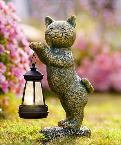 Goodeco Solar Katzenstatue mit Laternen – Antike Kupfer-Patinadeko aus Resin,Wasserdicht für Garten, Terrasse & Balkon, Geschenk für Mama, Oma & Frauen