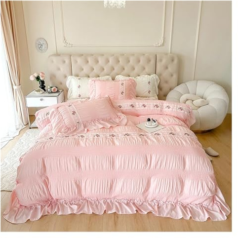 French Style Princess Bedding Set Lace Ruffles Seersucker Flowers Embroidery Washed Cotton Duvet Cover Set Bed Sheet Pillowcases,Bedding