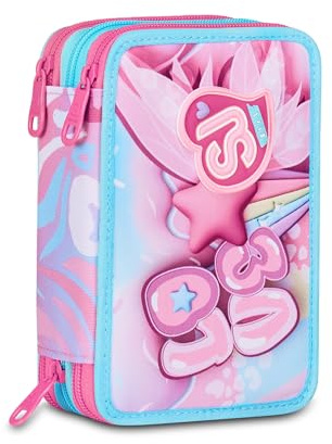 SJ GANG STYLE JAM GANG Astuccio Scuola 3 Zip Plushy Rabbit, Rosa, Portapenne Triplo Scomparto Completo Di Penne, Matite, Colori, Accessori Zaino, Scuola Elementare, Bambina